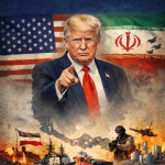 ilustrasi perang Iran Amerika menampilkan Donald Trump dengan latar konflik militer di Selat Hormuz