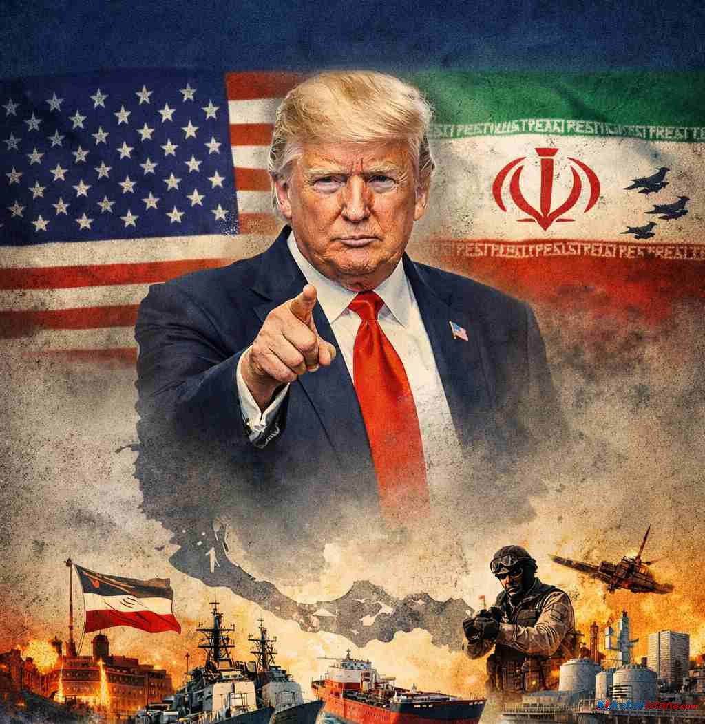 ilustrasi perang Iran Amerika menampilkan Donald Trump dengan latar konflik militer di Selat Hormuz