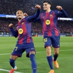 Barcelona vs Newcastle 7-2 Raphinha merayakan gol di Camp Nou Liga Champions