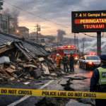 Ilustrasi gempa Jepang 7,4 magnitudo yang menunjukkan kerusakan bangunan, petugas darurat, dan peringatan tsunami di wilayah pesisir.