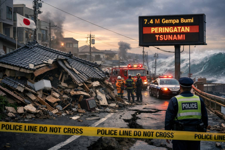 Ilustrasi gempa Jepang 7,4 magnitudo yang menunjukkan kerusakan bangunan, petugas darurat, dan peringatan tsunami di wilayah pesisir.