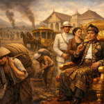 Ilustrasi Bupati Cianjur terkaya pada era kolonial dengan gaya hidup mewah, kontras dengan penderitaan petani kopi dalam sistem tanam paksa di Jawa.