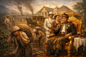Ilustrasi Bupati Cianjur terkaya pada era kolonial dengan gaya hidup mewah, kontras dengan penderitaan petani kopi dalam sistem tanam paksa di Jawa.