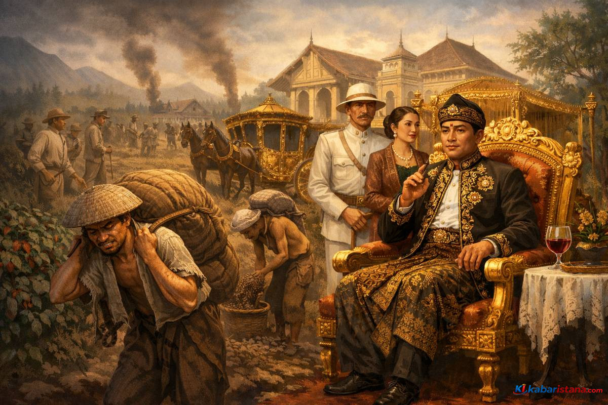 Ilustrasi Bupati Cianjur terkaya pada era kolonial dengan gaya hidup mewah, kontras dengan penderitaan petani kopi dalam sistem tanam paksa di Jawa.