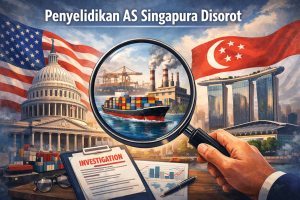Ilustrasi penyelidikan AS Singapura yang menyoroti perdagangan internasional, industri manufaktur, dan dugaan kerja paksa.
