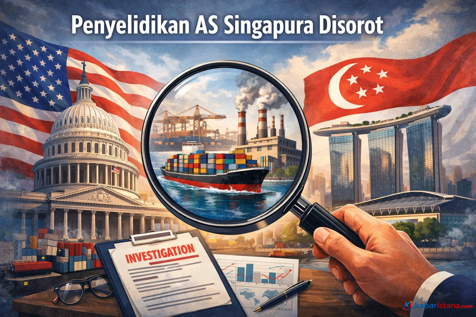 Ilustrasi penyelidikan AS Singapura yang menyoroti perdagangan internasional, industri manufaktur, dan dugaan kerja paksa.