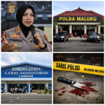 Ilustrasi penikaman Nus Kei di Maluku Tenggara dengan visual polisi, Bandara Karel Sadsuitubun, dan garis polisi di lokasi kejadian.