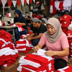 pekerja konveksi melipat bendera merah putih saat harga bahan baku konveksi naik