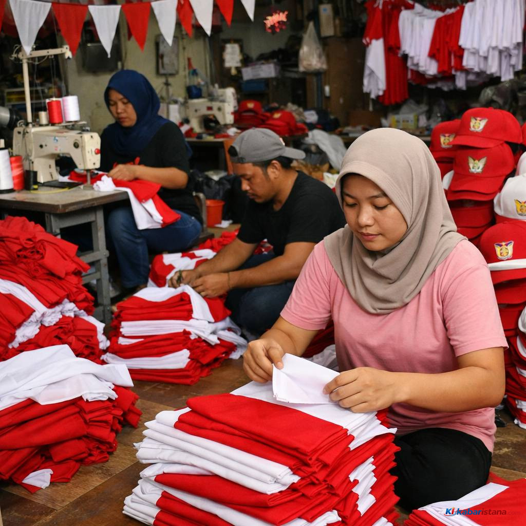pekerja konveksi melipat bendera merah putih saat harga bahan baku konveksi naik