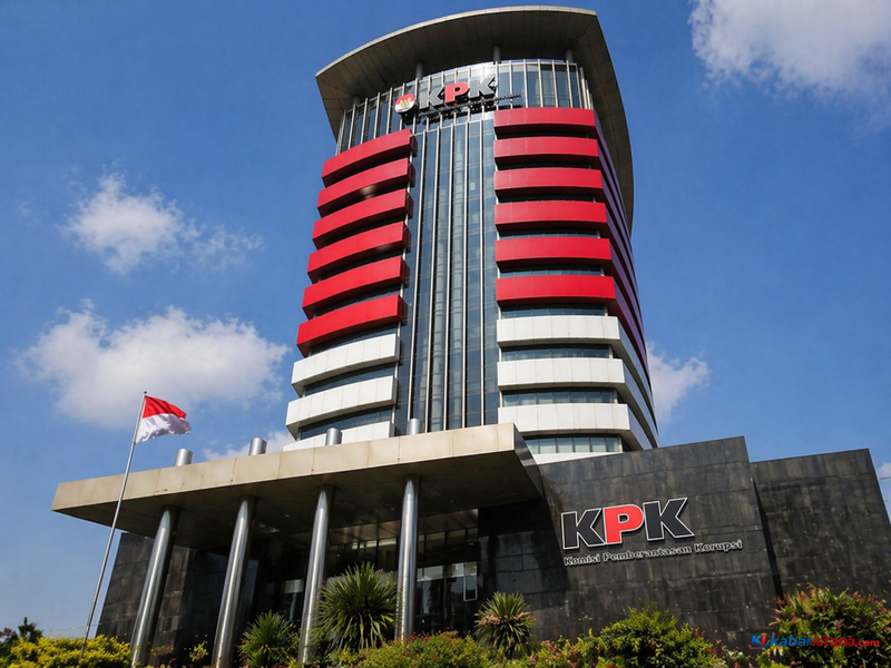 Gedung Komisi Pemberantasan Korupsi (KPK) dengan bendera Indonesia, simbol upaya pencegahan korupsi dalam partai politik melalui transparansi, pembatasan masa jabatan ketua umum, dan sistem kaderisasi yang lebih baik.