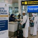 Ilustrasi program Rute Makkah Indonesia di Bandara Sultan Hasanuddin Makassar dengan jamaah haji menjalani proses imigrasi, biometrik, dan keberangkatan menuju Madinah