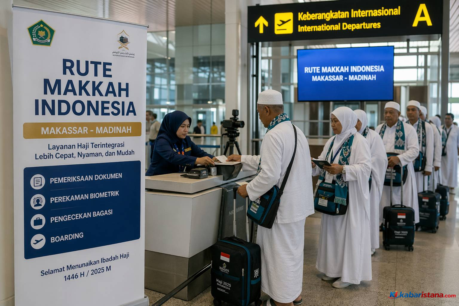 Ilustrasi program Rute Makkah Indonesia di Bandara Sultan Hasanuddin Makassar dengan jamaah haji menjalani proses imigrasi, biometrik, dan keberangkatan menuju Madinah