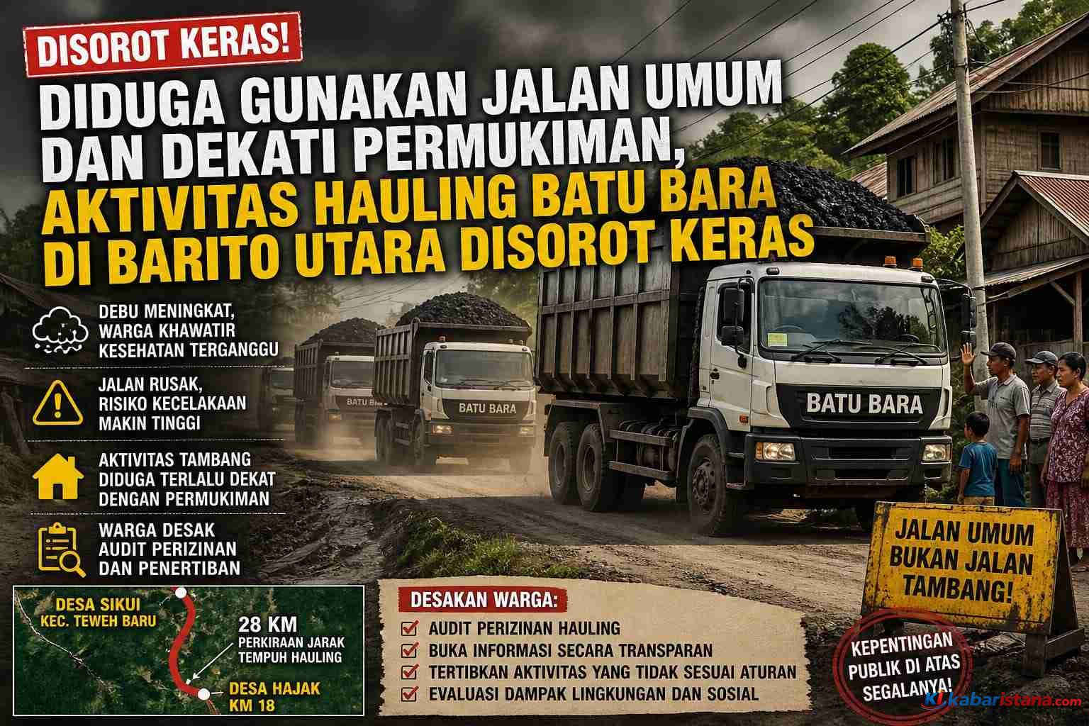 aktivitas hauling batu bara Sikui di jalan umum dekat permukiman warga