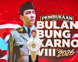 Pembukaan Bulan Bung Karno 2026 di Bali dengan Gubernur Wayan Koster dan foto Presiden Soekarno sebagai simbol perjuangan bangsa.