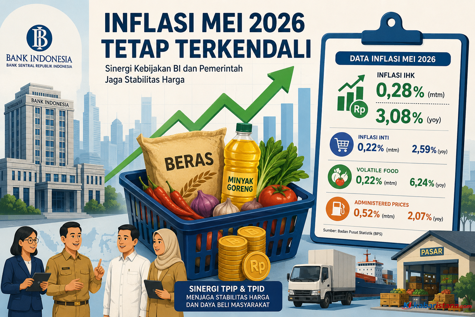 Inflasi Mei 2026 tetap terkendali berkat sinergi Bank Indonesia dan pemerintah dalam menjaga stabilitas harga pangan dan energi.