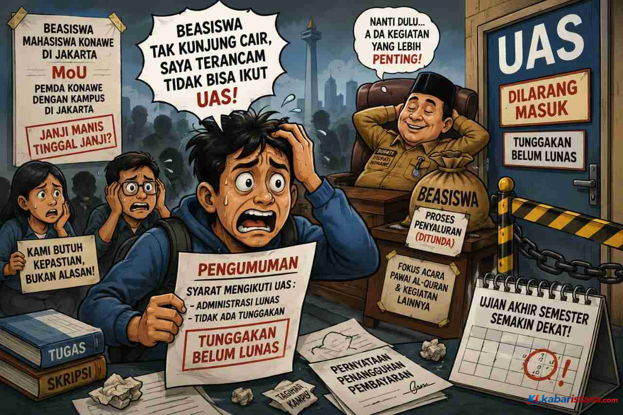 Ilustrasi mahasiswa menunggu pencairan Beasiswa Mahasiswa Konawe yang belum direalisasikan sehingga terancam tidak bisa mengikuti ujian akhir semester.