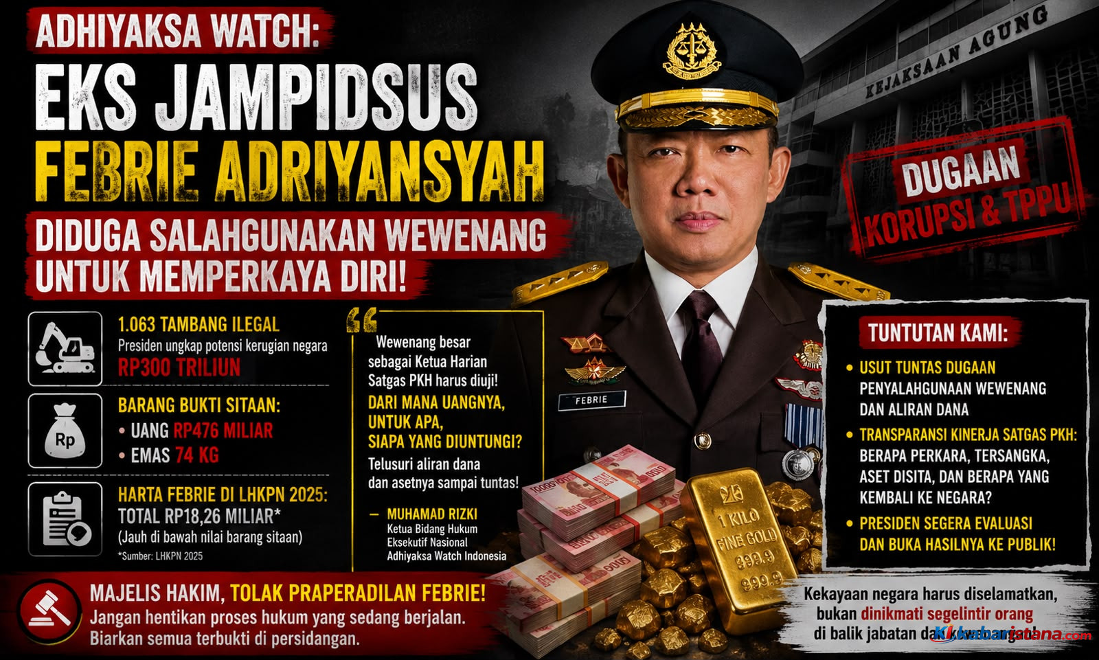 Adhiyaksa Watch: Praperadilan Febrie Jangan Hentikan Pengusutan Dugaan Penyalahgunaan Wewenang